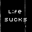 A 3x3 contact sheet of seven animated frames showing repeated text "Life Sucks" with vertical glitch effects on a black background, partially overlaid by a gray rectangle in the bottom-right corner.