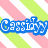 Pixelated text elements in blue, red, green, pink, and purple over diagonal striped background with light green, white, and pink stripes.