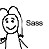 Black-and-white stick figure avatar with long hair, smiling face, and raised hand; text labels change across frames from Sass to Music to Nookie to Miranda.