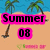 Pixelated beach scene with palm trees, blue water, and sand; text overlays read 'Summer 08' on left and 'cant wait' on right.