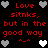 Red text on black background reads 'Love sitnks, but in the good way' with pixelated hearts and smiley faces. The heart colors alternate between white and gray across repeated sections.