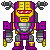 Three pixel-art robot variations with purple, yellow, and gray armor, red eyes, and horn-like head protrusions displayed in a