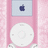 Pixelated pink iPod with blue screen displaying Apple logo, white click wheel, and text 'ipod', 'equals', 'LoVe' below.