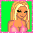 Pixel art contact sheet showing five frames of an animated buddy icon featuring a cartoon woman in various poses with text elements on green backgrounds.