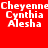 Red background with white pixelated text reading Cheyenne Cynthia Alesha repeated twice horizontally.
