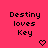 Pixelated text 'Destiny loves Key' on bright pink background with two pixel hearts below, one heart animates from closed to open.
