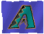 A teal letter A with brown outline on blue background, animated to shift position across frames.