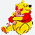 Pixelated yellow bear wearing red shirt, sitting with legs extended and arms crossed, holding small orange object.