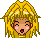 Pixel art character with blonde hair and pink cheeks in six distinct facial expressions on gray background.