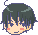 Pixel art character head with dark green hair and purple highlights, showing six distinct facial expressions across a