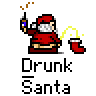 Pixel art animation of a Santa Claus figure holding a bottle and pouring liquid into a stocking, displayed in a 3x2 contact sheet with five visible frames showing sequential motion.