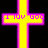 A pixelated yellow cross with a pink outline on a black background, featuring partially readable pixelated text across the horizontal arm.