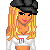 Pixel art character with long blonde hair, black cap, white crop top with pink 'M', orange pants, and red text "sizzlin cutie" below.