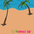 Pixelated beach scene with two palm trees on sand, blue water background, and text elements including 'Summer '08!!' and 'I can't wait'll'.