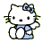 Pixelated Hello Kitty icon with blue bow and dress, white face, black eyes, green whiskers, gray background; left version shows raised right paw, right version shows lowered right paw.