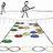 A pixelated figure in a white suit with red accents stands on a horizontal bar above a colorful game board, holding a bat-like object.