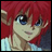 Pixelated anime-style character with red hair and blue eyes, wearing a light blue top, next to black background with white text.