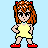Pixel art character with brown hair, red shoes, and yellow dress standing with hands on hips against light blue background.