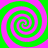 Four identical spirals arranged in a , alternating green and pink colors on a solid background
