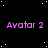 Black background with white stars and repeated pink 'Avatar 2' text in three , with a gray rectangle in the bottom-right corner