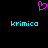 A static pixel art icon with a pink heart symbol above two cyan 'krimico' text lines on black background.
