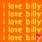 Pixelated text repeats 'i love billy' across four colored quadrants with subtle animation changes in the lower-right corner.
