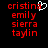 Red pixelated text list on black background with white heart symbol above 'emily' in left frame, identical right frame without heart.