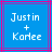 Blue square icon with pink and purple border displaying 'Justin + Karlee' in white pixelated text
