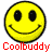 Two side-by-side yellow smiley face icons with black outlines, each displaying different eye expressions and red "Coolbuddy" text below.