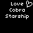 Black background with white pixelated text reading Love, Cobra, Starship; left side has a heart symbol replacing the 'o' in Love.