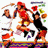 Animated scene with four figures in dynamic poses, colorful clothing, and floating objects against a white background.