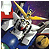 Pixelated static image of a Gundam-style robot with yellow and white armor, red accents, blue lower body, and golden sword-like weapon against dark purple background.