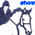 Pixelated image of a rider on horseback with blue text above; left side shows 'show' and right side shows 'jumper'
