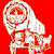 Pixelated figure with white and red tones on solid red background, showing a stylized character with circular head and limbs in a dynamic pose.