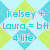 Pixelated diamond-patterned background with cyan and lime green diamonds on light blue, overlaid text reading "Kelsey + Laura = bff 4 life" in cyan font.