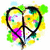 Pixelated heart-shaped icon with black outline, yellow and green gradient fill, and scattered pink and blue accents on white background.