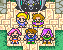 Pixel art scene with six characters on stone platforms, two of three, against a castle-like background