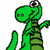 Green pixelated dinosaur with striped body and single eye points right, next to blue text "i love my" on green background, with "dino." text below on green