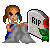 Pixel art of a crying woman holding two gravestones with 'RIP' inscriptions and red roses, below text reading 'miss you'.