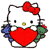 Hello Kitty avatar holding a red heart with text variations, surrounded by green and blue floral elements, on a gray background.