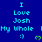 Blue background displays repeated text "I Love Josh My Whole :)" with green heart symbols in pixelated style.