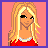 Pixel art contact sheet showing six frames of an animated buddy icon with a blonde character, red shirt, and blue dress elements on pink background.