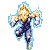 Pixelated character with spiky golden hair and blue-and-white outfit performing dynamic martial arts poses against gray background.