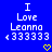 Blue background with white pixelated text reading "I Love Leonna" and six '3's, plus a yellow heart symbol at bottom center.
