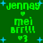 Green pixelated text 'jennay', 'mei', and 'BRR!!!' with blue stars on a dark green background, arranged in four identical