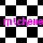 Black-and-white checkered background with pink text 'm!chelle m!chelle' repeated across two , transitioning from square to diamond pattern