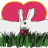 Animated contact sheet of a white bunny icon with pink heart background, green grass foreground, and red bow tie across multiple frames showing subtle pose changes.