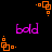 Pixelated orange square clusters and purple text 'bold' on black background, with animated transitions between static states.
