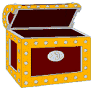 Animated sequence of a treasure chest with yellow exterior, red interior, and silver studs in various states of opening.