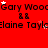Red background with repeated text and star animations; 'Gary Wood' and 'Elaine Taylor' names appear in black pixelated font, stars change position across frames.
